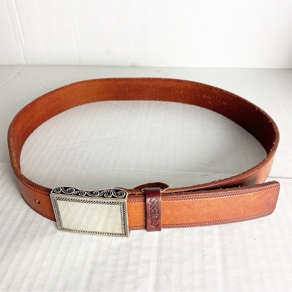 Guess Brown Leather Belt Silver Tone Buckle Large
